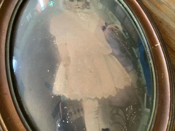 Vintage Bubble Glass Convex Oval picture Frame Woman Portrait Art Wood Girl