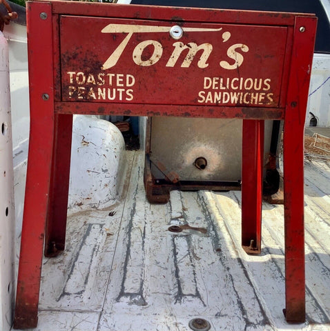Vtg Tom's toasted peanuts Metal Vending machine part sandwiches sign advertising