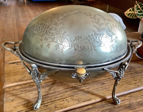 Vtg Antique  Silver Plate Roll Top Dome Chafing Caviar Butter Dish butler server