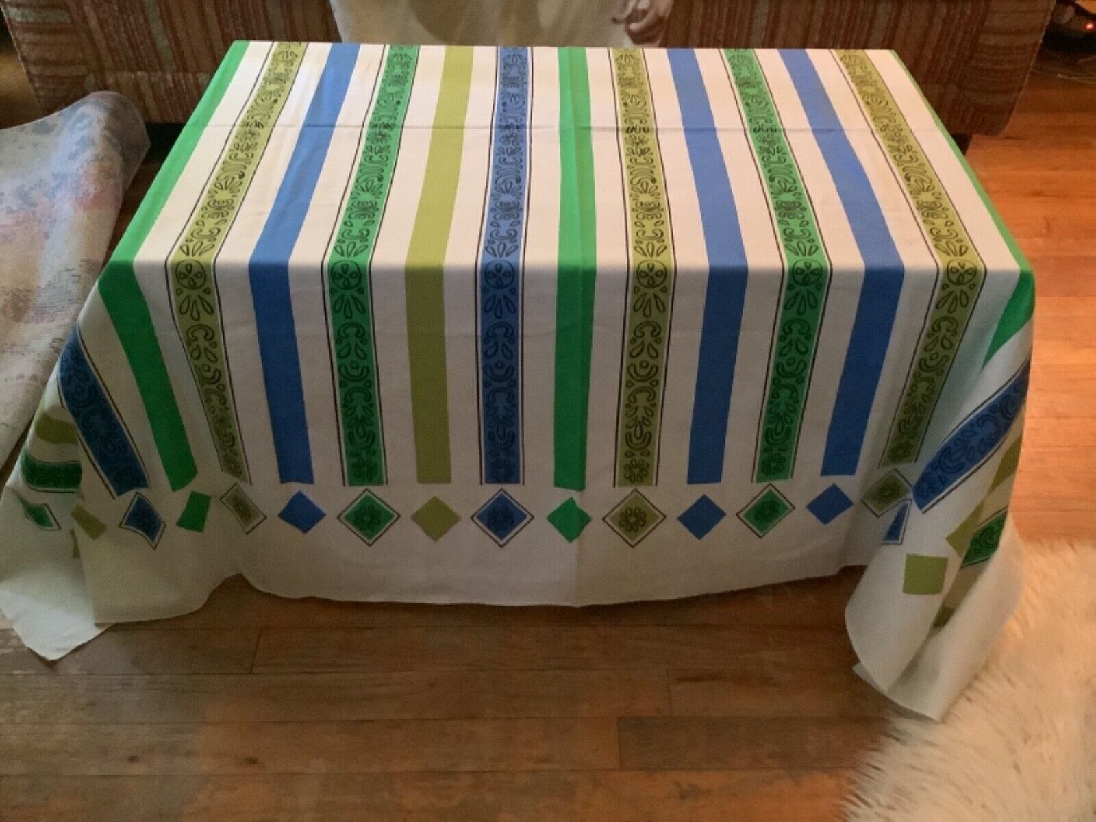 Vtg Mid Century Modern  mcm diamond striped kitchen Tablecloth  table cloth