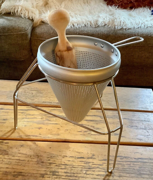 Vintage Aluminum Cone Colander with Stand & Wood Pestle Canning Strainer Sieve