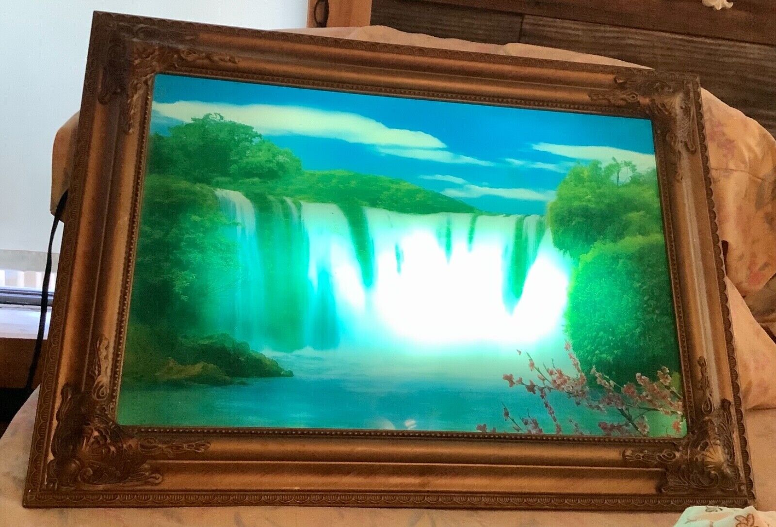Vtg Framed Light Up Motion Waterfall Picture Frame Shadow Box
