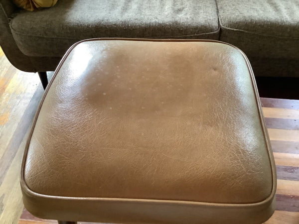 MCM Vtg Brown Vinyl Wood Legs Foot Stool Hassock Mid century modern retro