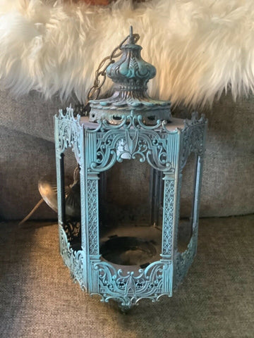 Vtg Cast Brass Hanging Art Deco Hanging Lantern Light fixture moorish