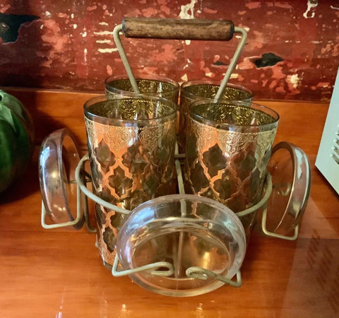 Vtg 4 Culver Valencia 22 kt Gold & Green Highball Tumblers caddy coasters mcm