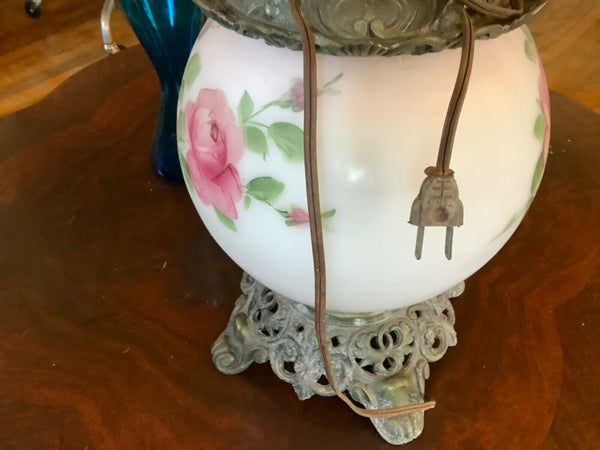 Vintage antique GWTW oil roses table lamp parts only broke glass globe