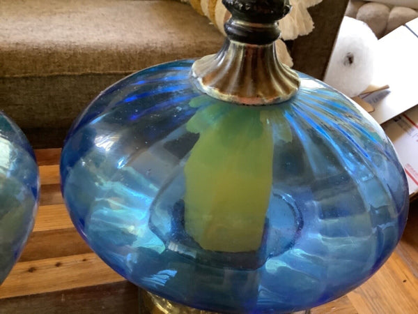 Vtg Pair 2 Mid Century Modern Blue Glass Table Lamp  Retro Hollywood Regency mcm
