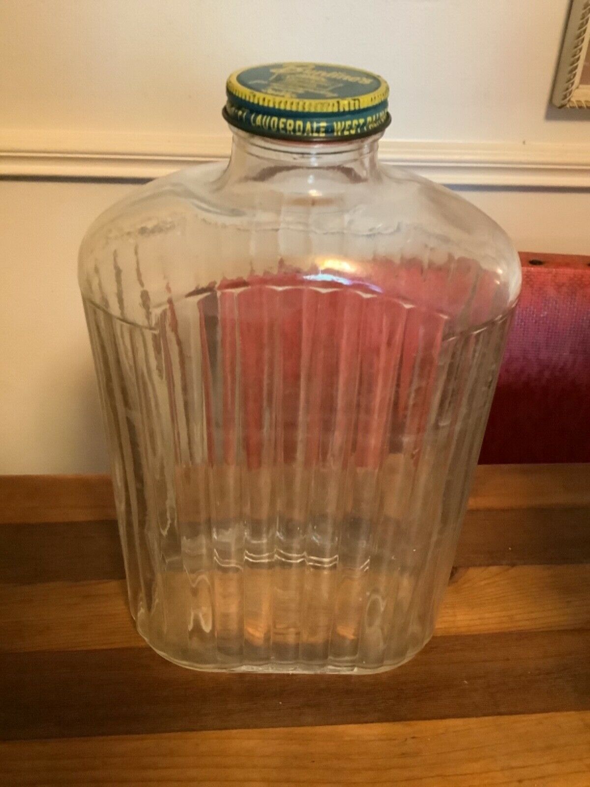 Vintage Green Depression Glass Ribbed Refrigerator Water Bottle w/Meta