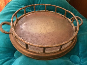 Hollywood Regency Faux Bamboo Round Brass Small Tray with Handles Vtg vanity
