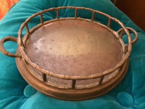 Hollywood Regency Faux Bamboo Round Brass Small Tray with Handles Vtg vanity