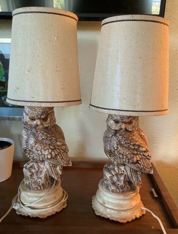 Vintage mid century modern pair Ceramic pottery Owl Table Lamp drum Shades mcm