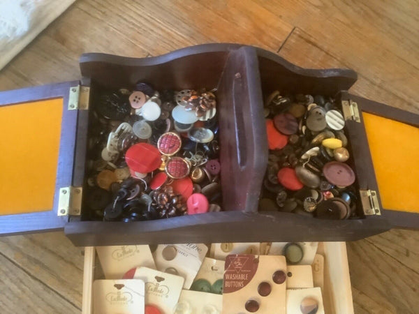 Vtg Wood Sewing Box chest Pin Cushion Fabric Top full  buttons drawer