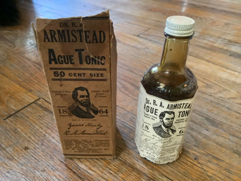 Vtg antique glass DR R.A. ARMISTEAD'S AGUE TONIC  MEDICINE near FULL BOTTLE box