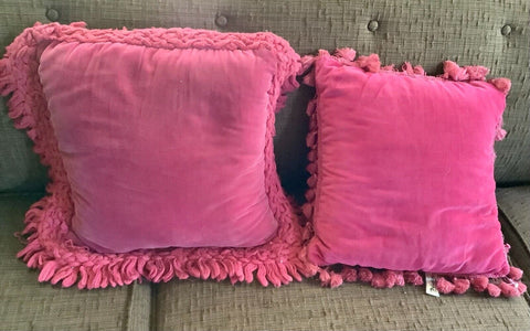 Vintage Mid-century modern mcm  pink Velvet Tufted square Throw Pillow fringe