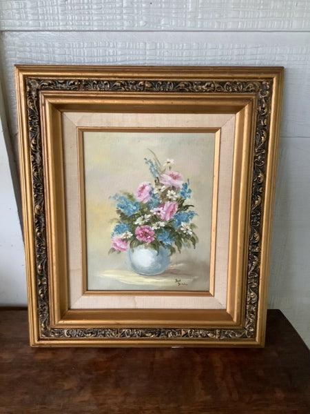 Vintage Picture Frame Wood Carved Made In Mexico floral painting canvas signed
