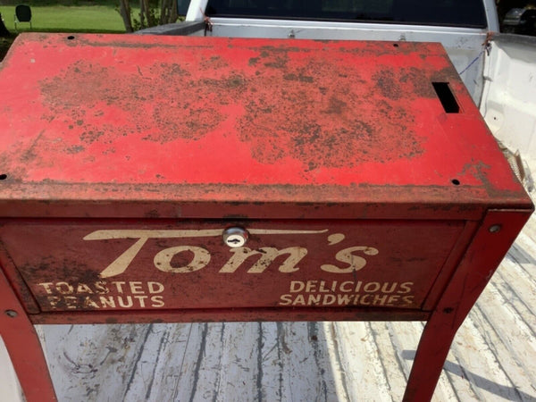 Vtg Tom's toasted peanuts Metal Vending machine part sandwiches sign advertising