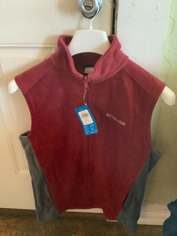 New Columbia Mens Granite Mountain Full Zip Fleece Vest Maroon gray Size Medium