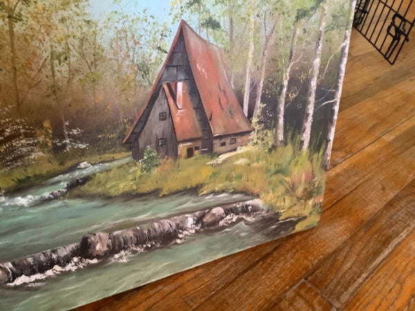 Vintage House cottage Landscape Artist Original Oil Painting creek trees signed