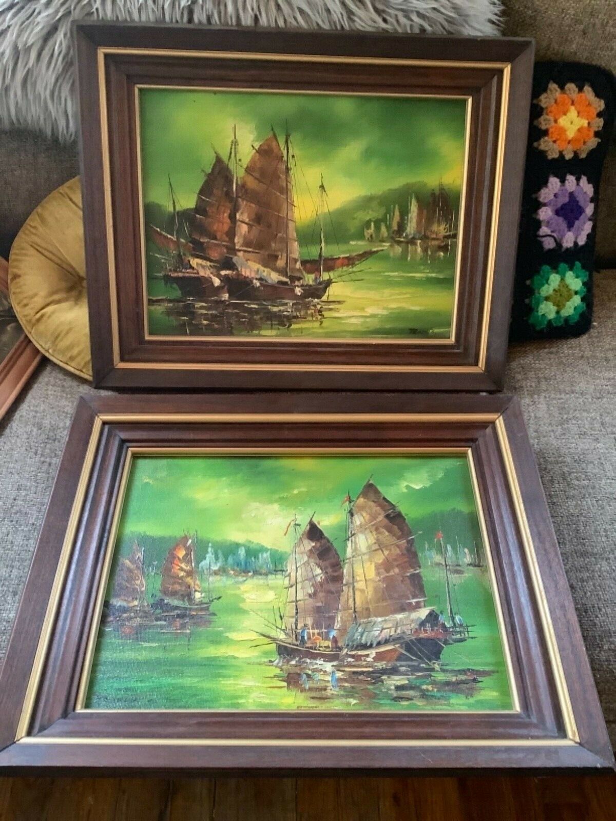 Pair Vtg Oil Painting ship boat sailboat sea ocean frame framed signed Tradub