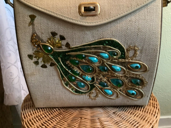 Vintage mid century modern Purse handbag bag  Peacock Bird Jeweled Wood sides
