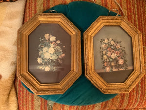 Pair Vtg Florals Pictures Octagon Gilded gold Wood picture Frames Made In Italy