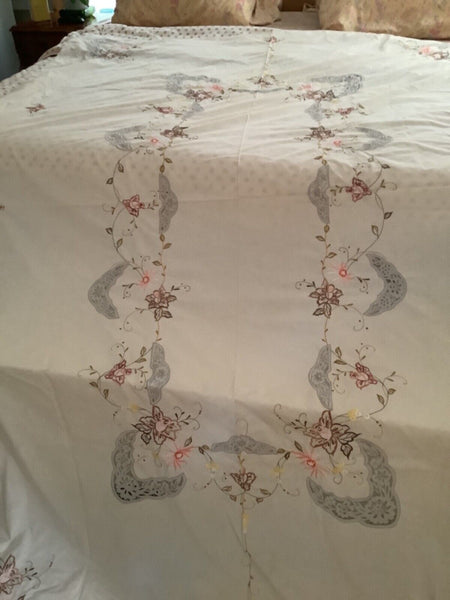 Embroidered cross stitch tablecloth, vintage floral cross stitch tablecloth