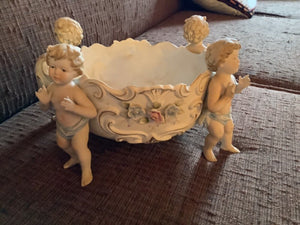 Antique Vtg Figurine Bowl Planter Dove Cherub Floral porcelain roses gold putti