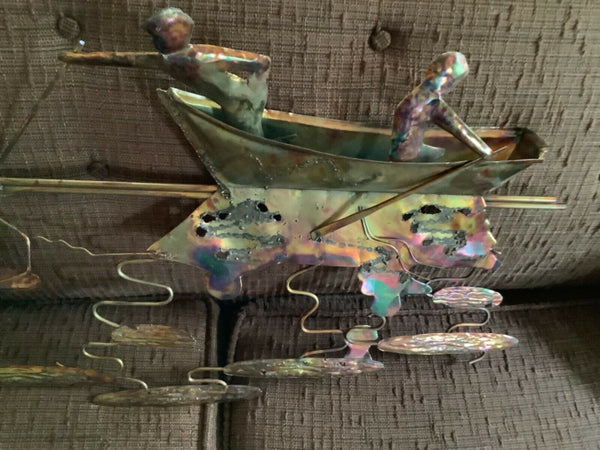 VTG MCM mid century Metal Wall Art Sculpture Boat Curtis Jere Style fishing man