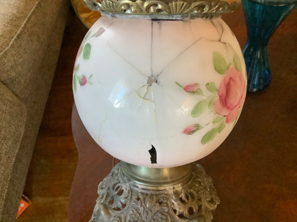 Vintage antique GWTW oil roses table lamp parts only broke glass globe
