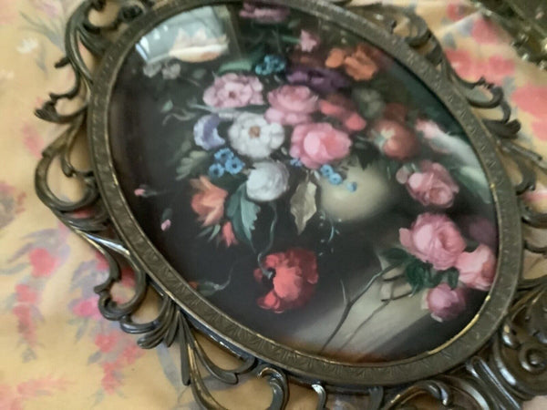 Vintage Brass Oval Ornate Convex Flowers roses  Picture Frame Made In Italy