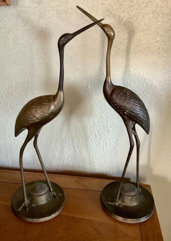 Vtg pair Mid Century Brass Bird Egret Heron Crane Figurine Hollywood Regency MCm