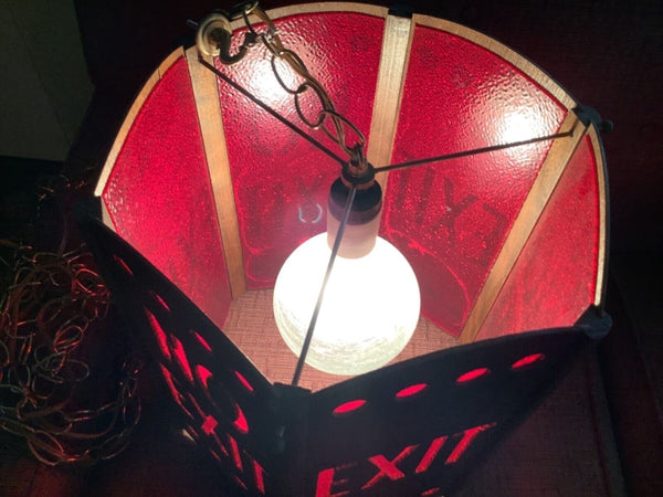 Vtg  Red EXIT no exit Sign Vintage mid Century modern hanging swag wood lamp