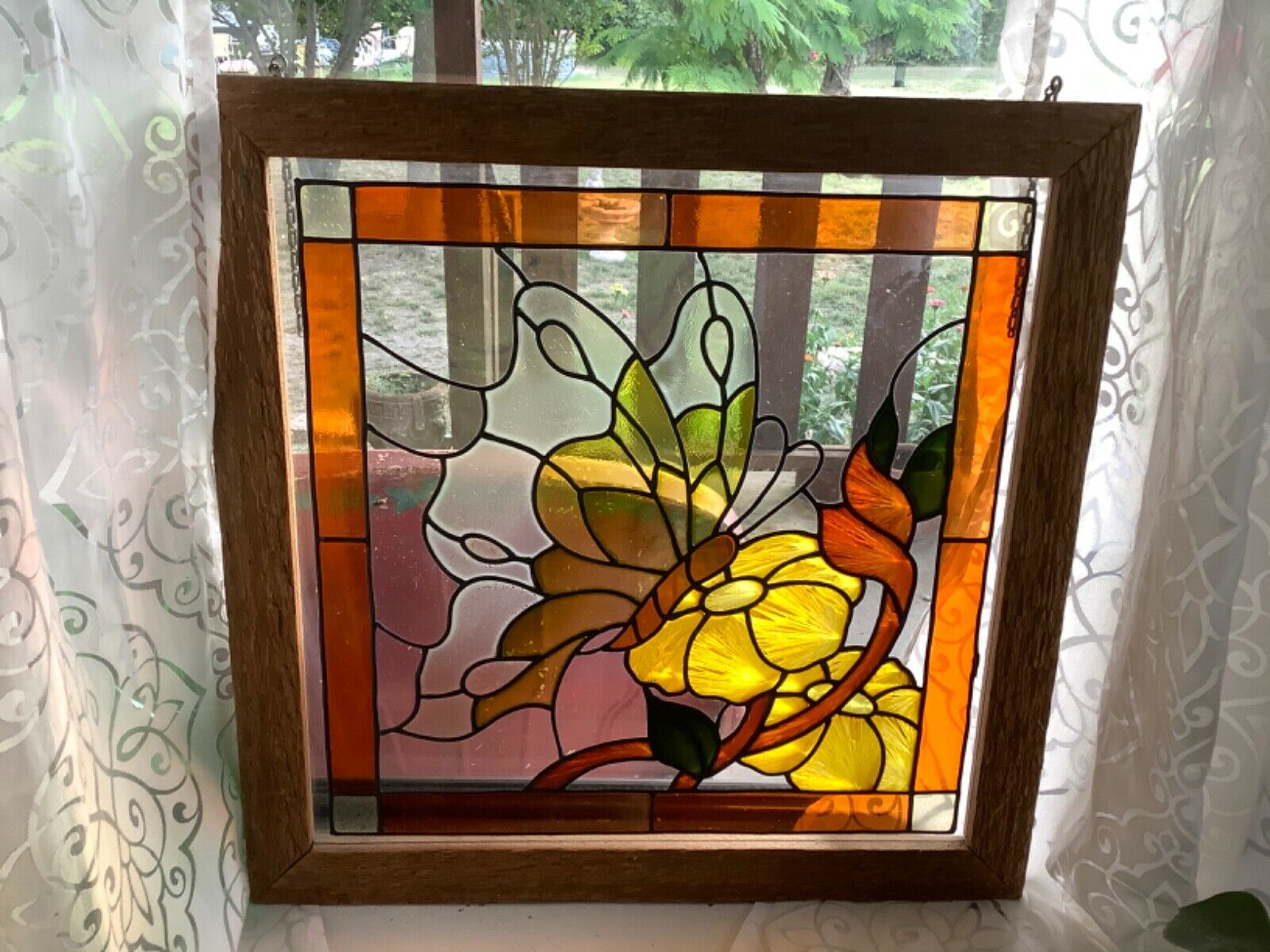 Vtg mid century stained glass leaded window panel Butterfly Garden Flower