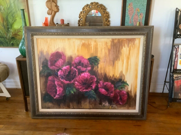 Large frame Vtg mid century Oil Painting Floral flowers Still Life Signed Molly