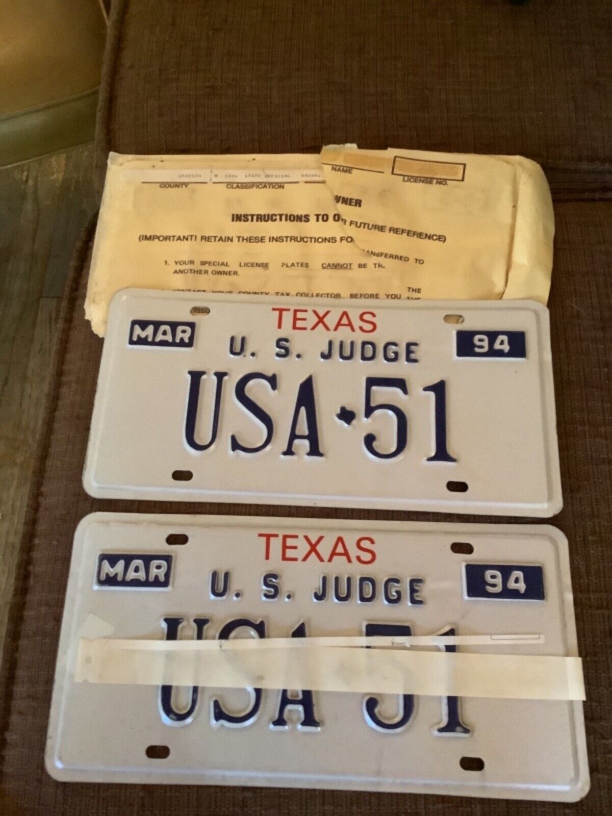 2002 Texas STATE JUDGE UNUSED PAIR License Plate Tag Original