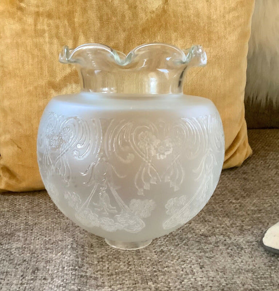 Vintage antique floral Frosted Etched Glass Ruffled Edge Lamp oil Shade