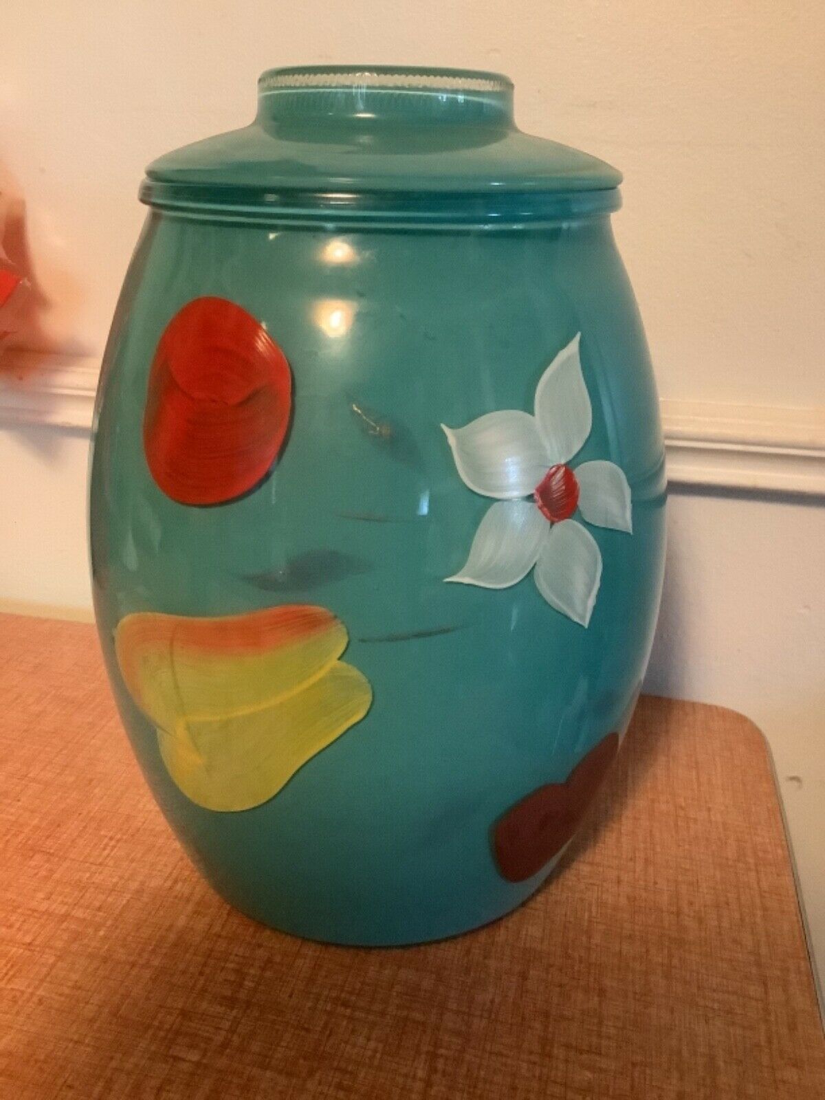 Vtg Bartlett Collins Gay Fad Turquoise blue Glass Cookie Jar Fruit Flowers
