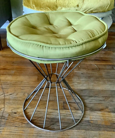 Vtg Mid Century Gold Metal drum Vanity Chair Stool  Seat Hollywood Regency retro