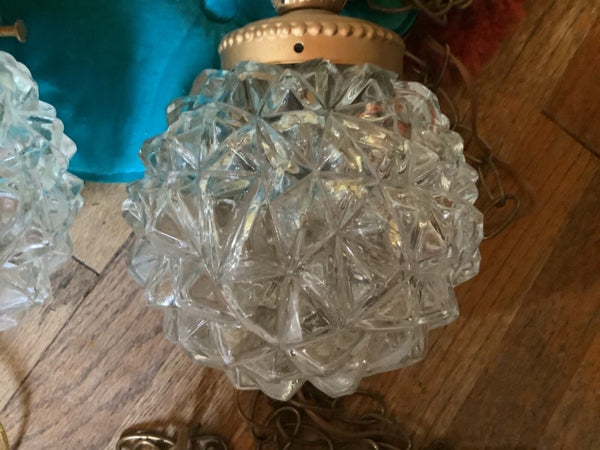 2 Vtg Hollywood Regency Diamond Cut Glass Swag Lamps light fixture mid century