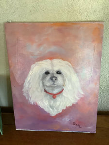 Fluffy white Dog Puppy Vintage Original Art Oil Painting canvas  Signed