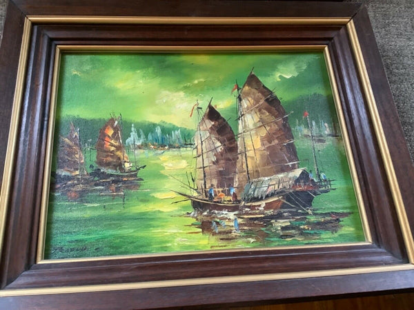 Pair Vtg Oil Painting ship boat sailboat sea ocean frame framed signed Tradub