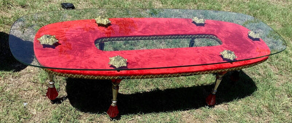 Vtg MID CENTURY Modern mcm Glass Coffee table red gold Hollywood Regency rare