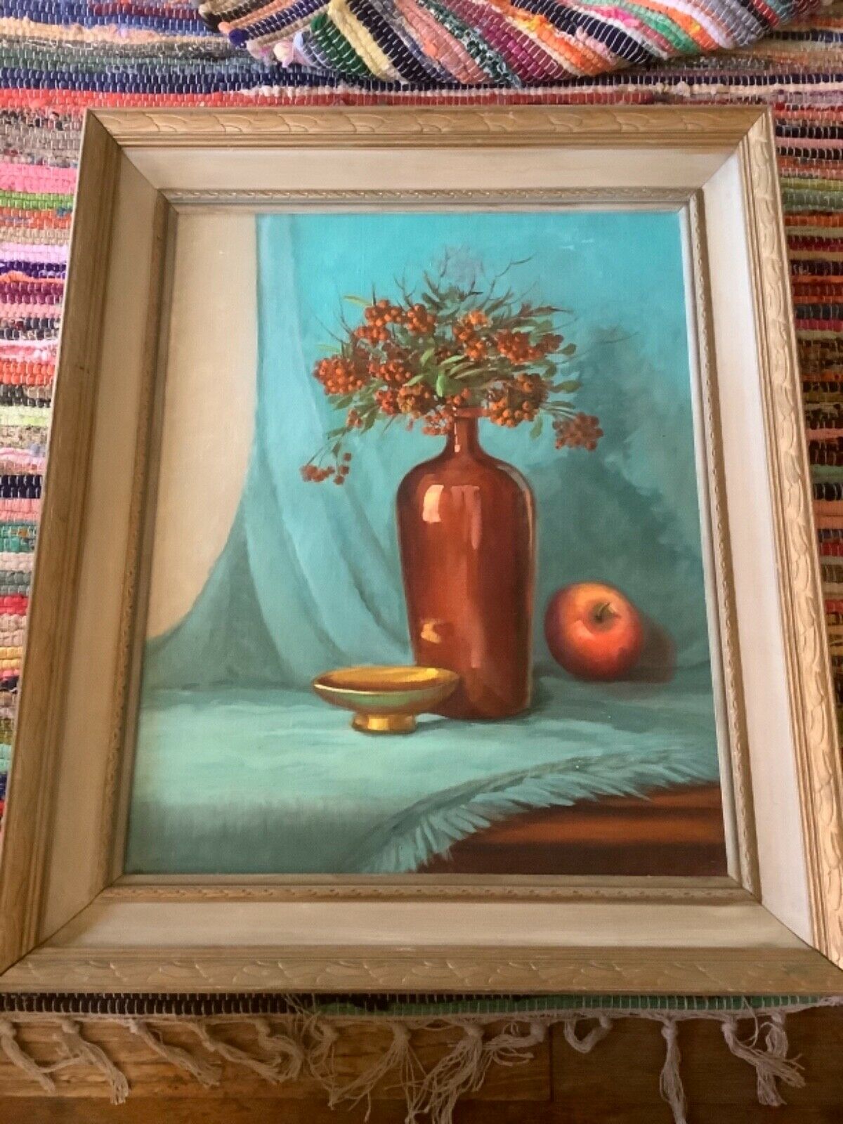 Vtg MID CENTURY FLORAL vase STILL LIFE PAINTING OIL ON CANVAS Frame FRAMED