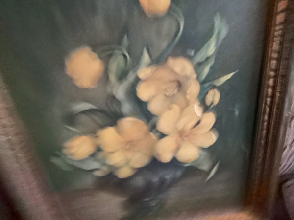 Vtg Yellow Roses  tulips Framed Art print litho Spanglers gold leaf frame 1956