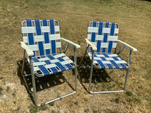 Pair Vintage Aluminum Lawn Chair Webbed Lounge Chairs blue white green