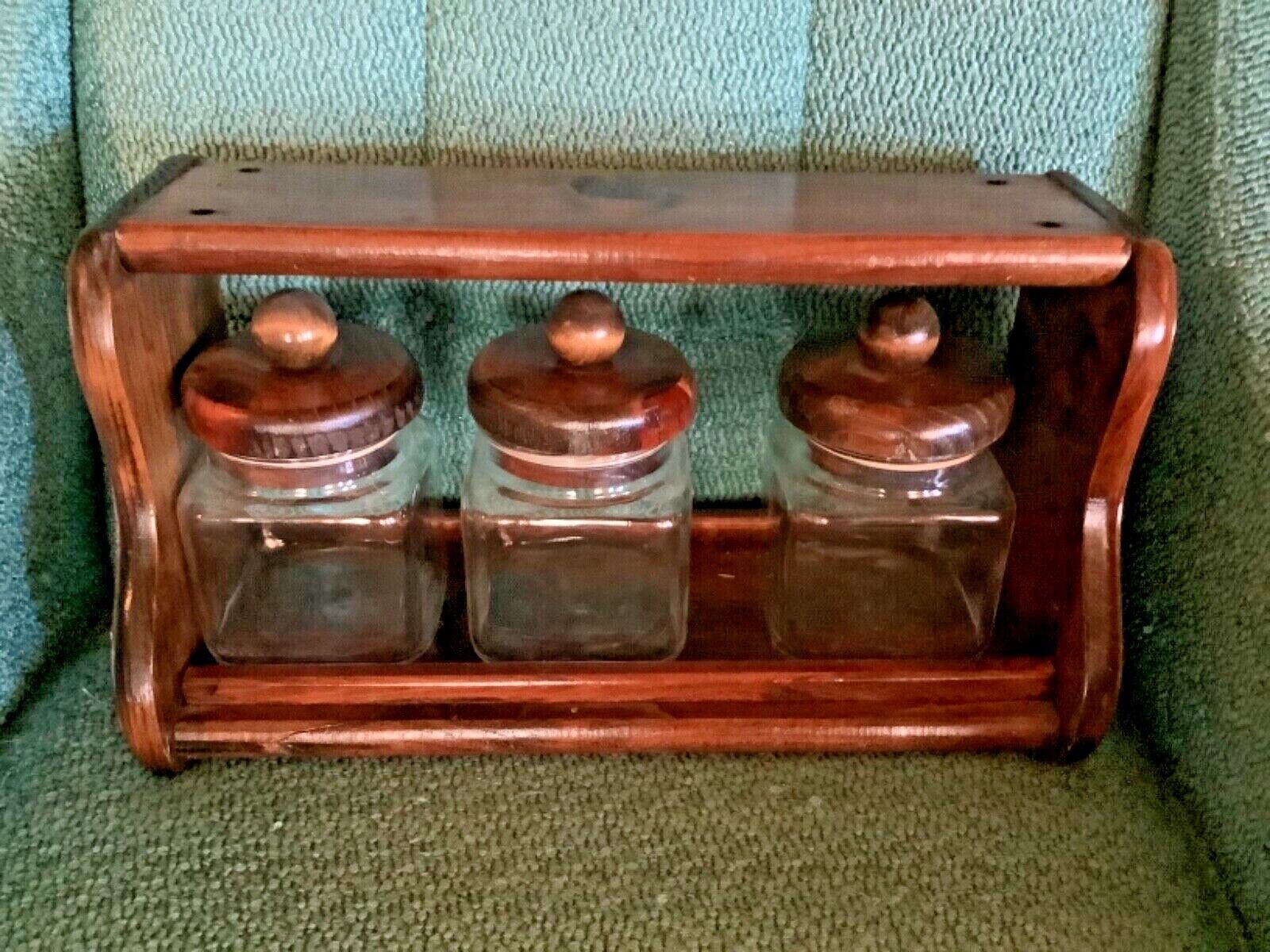 VTg SET 3 GLASS CANISTERS  WOOD LIDS GENERAL STORE CANDY JARS USA Anchor Hocking