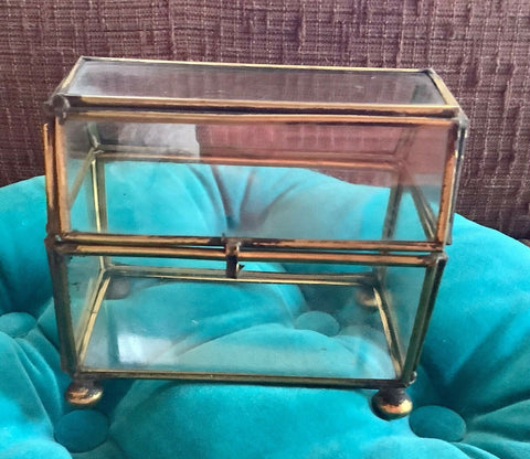 Vintage glass and brass display case  curio trinket jewelry box chest hinged