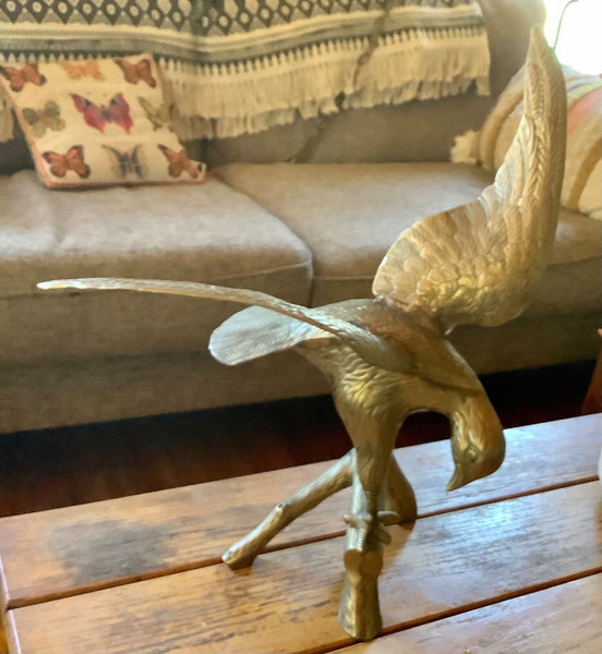 Large Cast Brass Eagle on a Branch Sculpture Vintage Bird Statue