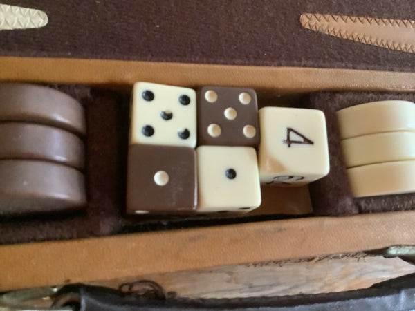 Vtg Backgammon game Set Faux Leather Portable Travel Folding Case  Handle dice
