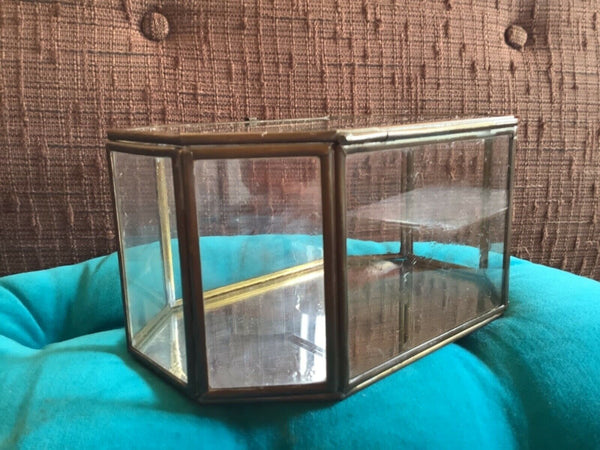 Vtg Brass Glass Shadow Box Trinket Jewelry mirror Octagon  pyramid Chest display
